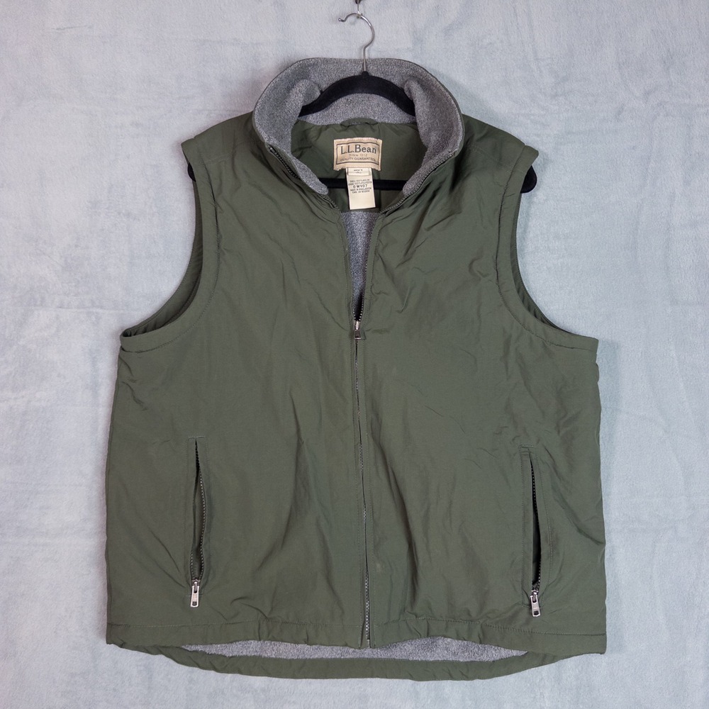LL Bean Three Season Vest Mens Large Green Excellent Fleece Lined Nylon Shell